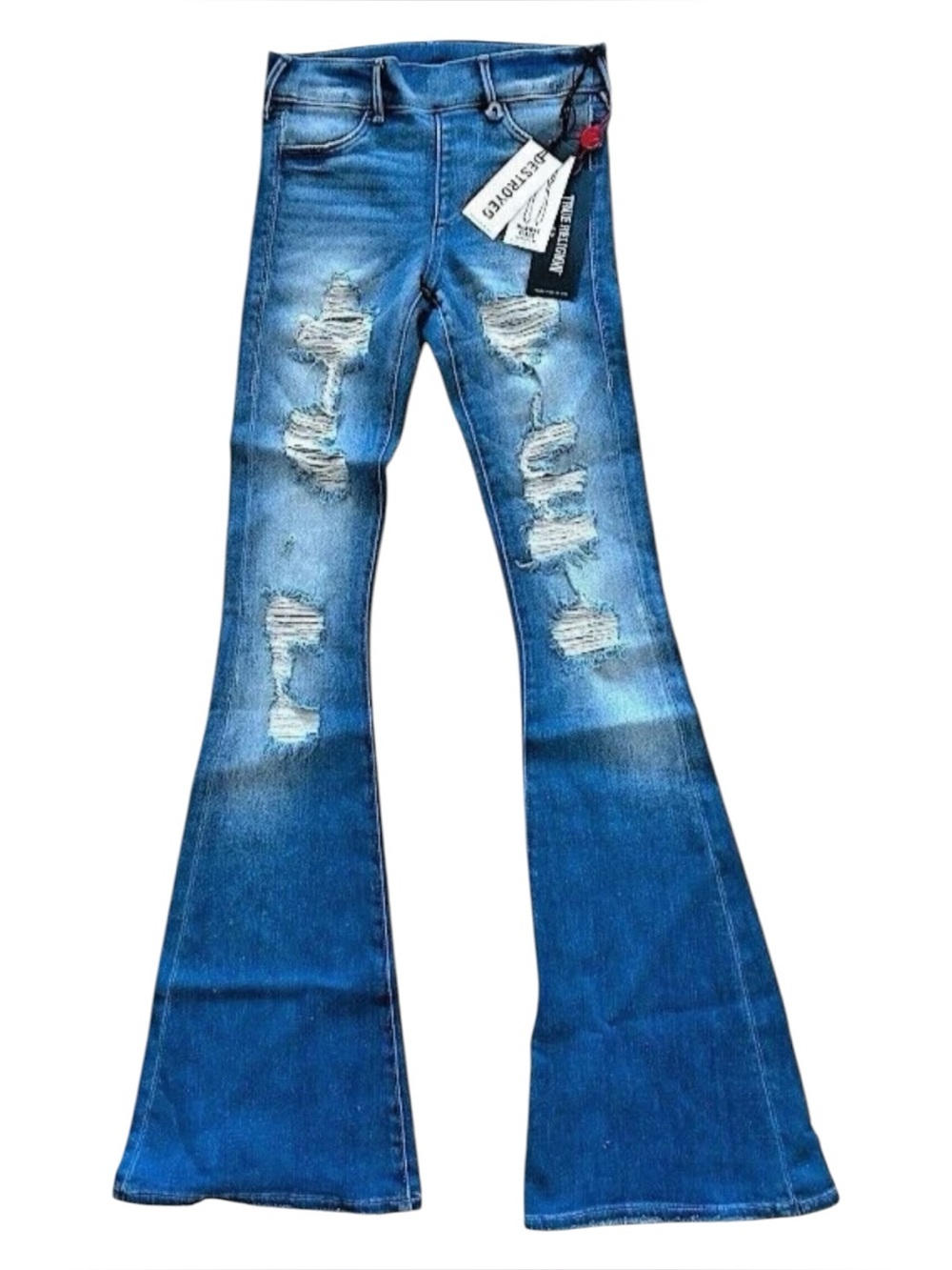 $199 True Religion Runway Flare Jeans 2XS 32 Inseam Destroyed Mid Rise Pull On